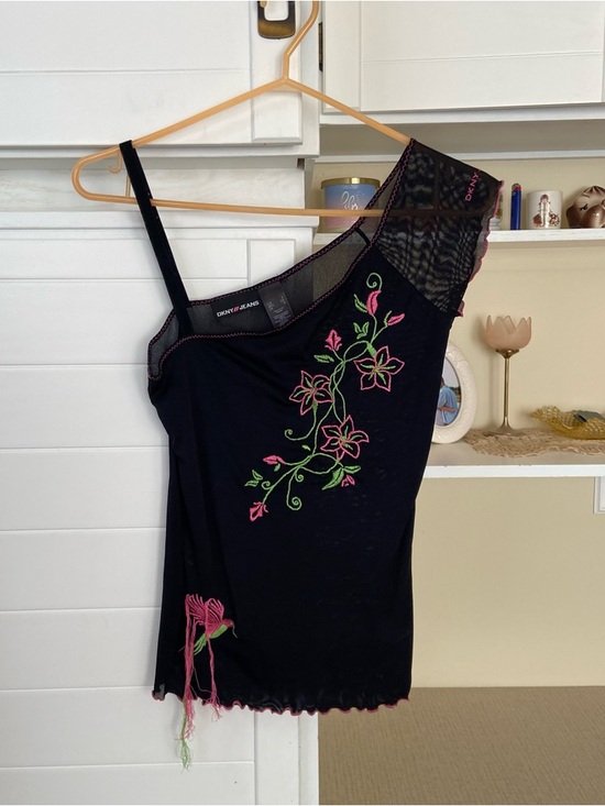 Dkny Tops - Y2K Black One-Shoulder Top with Pink & Green Floral Embroidery